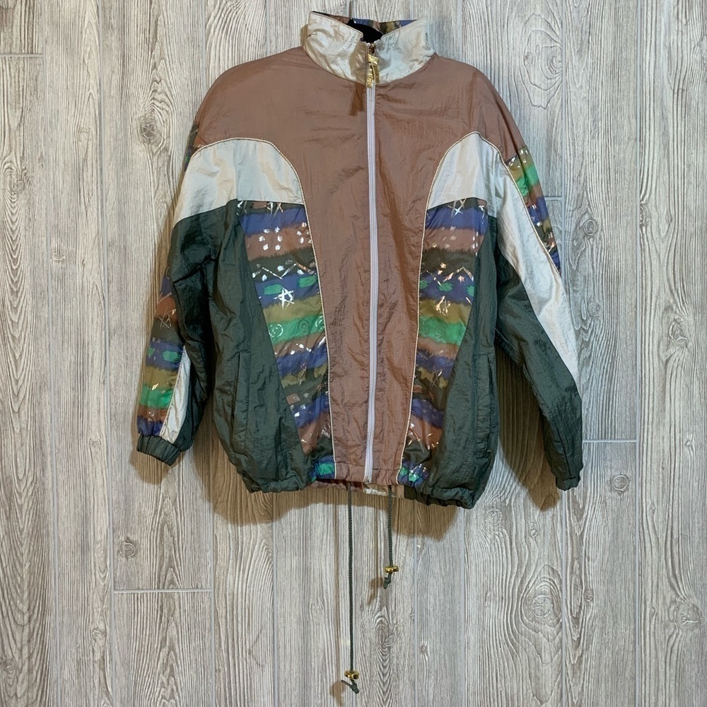 80’s 90’s Nylon Windbreaker Pastel Abstract Metallic Silver Star Patterns M